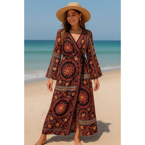 Baroque Medallion Print Maxi Dress Boho Luxe Wrap Style Sz LARGE - Picture 1 of 10
